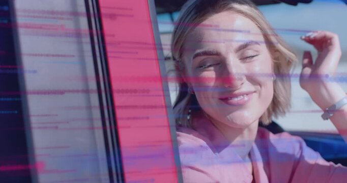 Woman leaning on red car window brushing hair while tech glitch lines flickering causing grin
