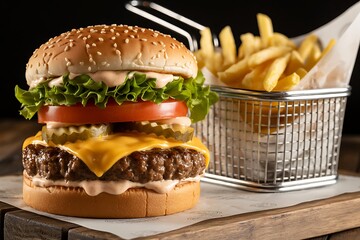 Juicy cheeseburger with fresh lettuce, tomato, pickles, and sauce, served with a basket of crispy french fries