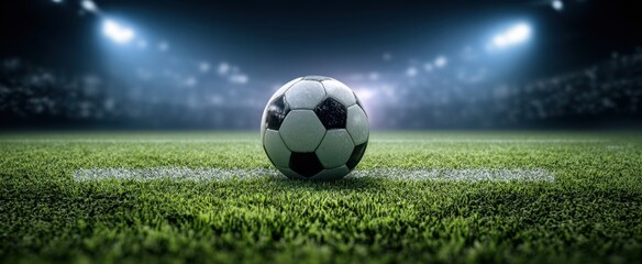 Fototapeta premium The Soccer Ball on a Floodlit Football Pitch Ready for Night Match Action