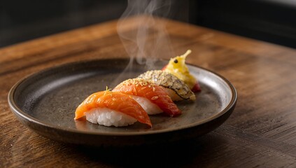 Nigiri Sushi Trio with Salmon, Tuna, and Garnished Fish on Dark Ceramic Plate over Wooden Surface – Steaming Fresh Japanese Cuisine for Food Styling and Menu Design – Generative AI