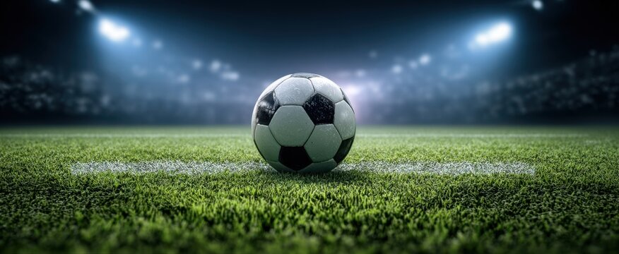 The Soccer Ball on a Floodlit Football Pitch Ready for Night Match Action