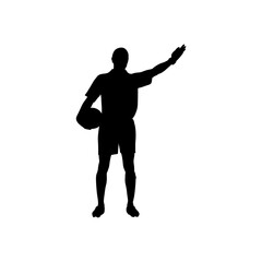 A bold, black silhouette of a male basketball player, arms outstretched, holding a ball, suggests a welcoming or introductory concept.