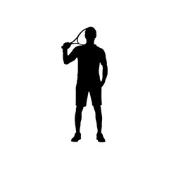 Full-body silhouette of a male tennis player holding a racket, poised and alert.