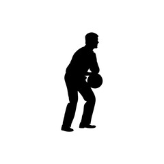 A bold, black silhouette of a male basketball player in a side profile, poised and ready to pass or shoot.