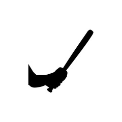 A simple, black silhouette of a hand gripping a baseball bat, set against a plain white background.