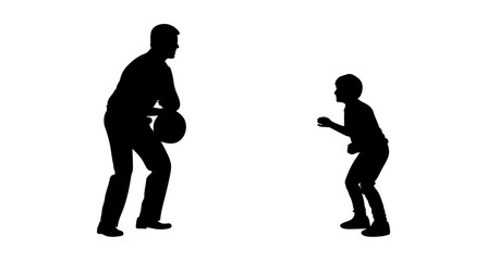 A dynamic silhouette of a father and son playing basketball, set against a plain white background.