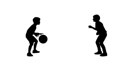 Two children in silhouette are engaged in a basketball game, one holding the ball, the other positioned to receive.