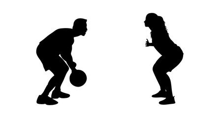 Silhouette image of a man and a woman in a basketball playing position, showcasing athletic poses.