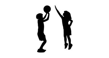 A dynamic silhouette of two children playing basketball, one boy and one girl.