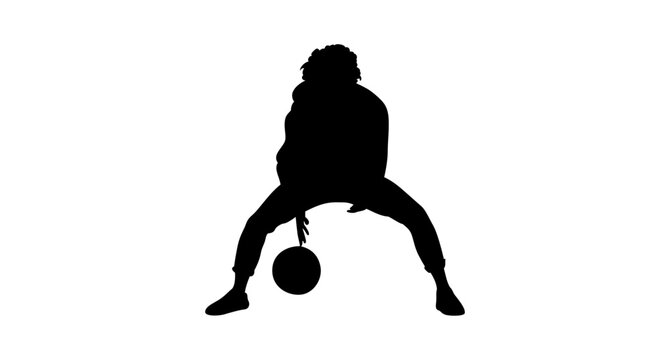 A dynamic silhouette of a person crouched, holding a ball, seemingly in the midst of a ball-playing activity.