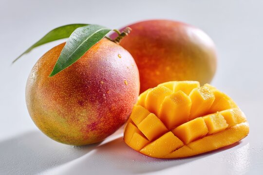 one whole Harumanis mango, plus one sliced section showing juicy orange flesh