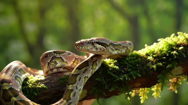 Reticulated Python on Mossy Branch in Sun-Dappled Forest