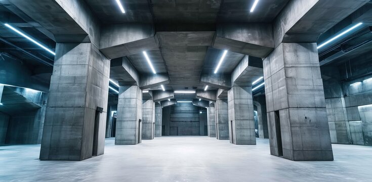 A large, empty room with concrete pillars and a white ceiling - Powered by Adobe