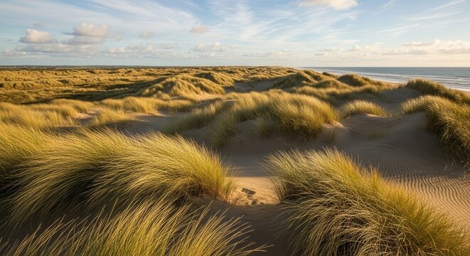 Expansive Coastal Sand Dunes Covered with Tall Grass Under a Cloudy Sky, Natural Landscape - Powered by Adobe