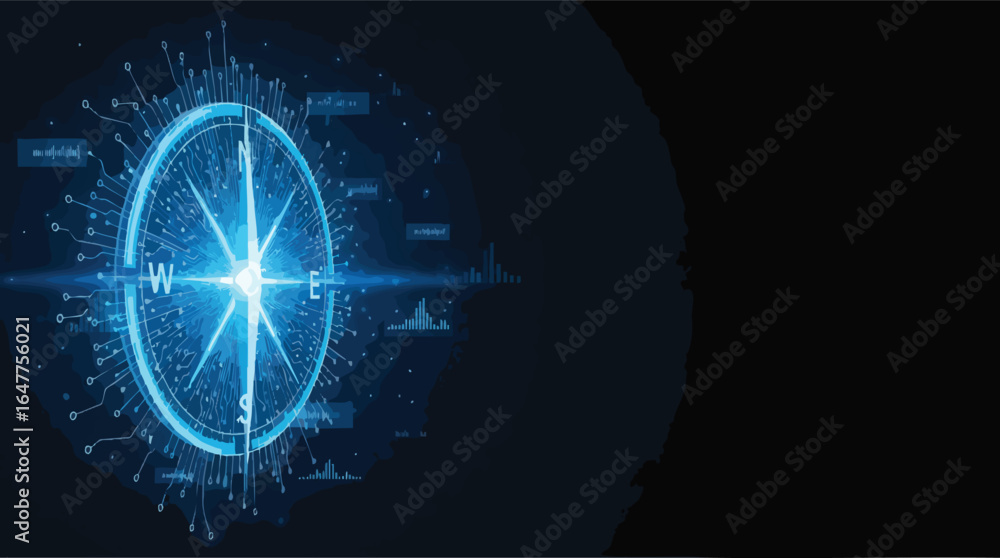 Poster futuristic digital compass with glowing blue light and data streams on dark background navigation.