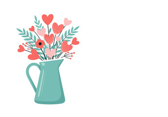 A charming teal pitcher filled with a delightful bouquet of hearts and blossoms