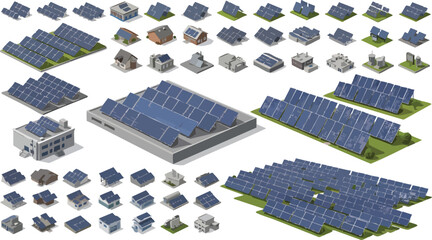 Isometric collection of solar panels and residential buildings solar energy renewable energy.