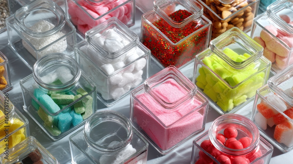 Poster assorted colorful soaps in transparent boxes arranged neatly in grid display