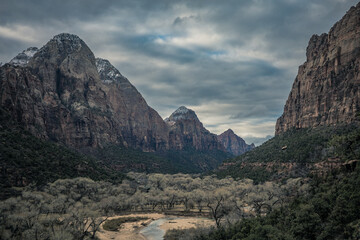 Zion National Park on an overcast stormy cloudy day