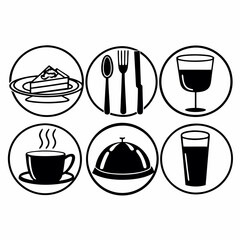 Food and drink icons isolated on white background, including cake, cutlery, wine, coffee, and covered dish