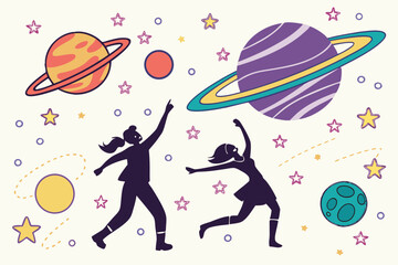 Children reaching for colorful planets and stars in outer space