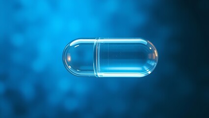 Futuristic translucent capsule floating against a blue medical backdrop with light refraction.