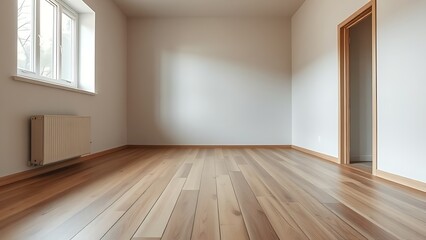 Fototapeta premium Minimalist mid-century modern living space with wooden floors and soft natural light from a window.