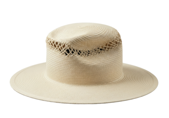 A classic panama hat, light-colored straw, with a deeply dented crown and pristine wide brim, intricate weave, on a clean transparent background with soft studio lighting. Concept of contrasting wear