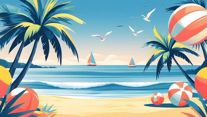 Obraz premium Tropical Beach Paradise Summer Vacation Scene with Palm Trees, Sailboats, and Beach Balls