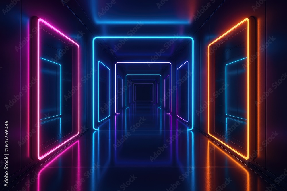 Poster futuristic neon corridor with rectangular light frames and reflective surfaces tunnel