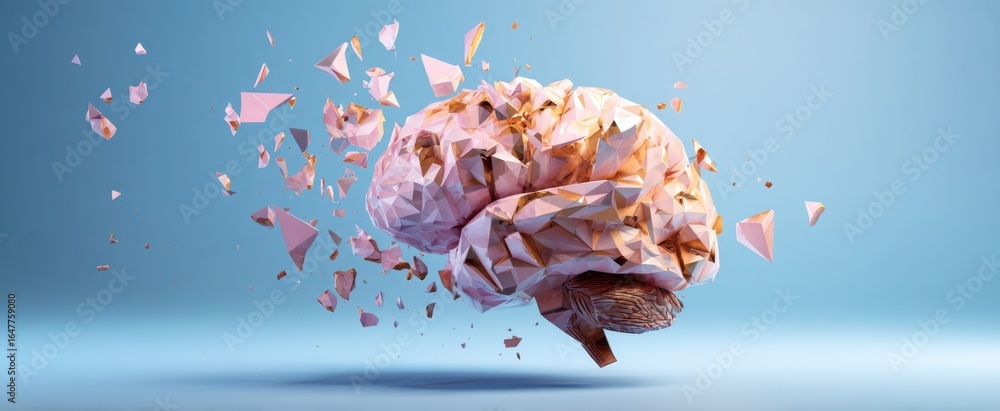 Poster the brain in low-poly fragments exploding into floating geometric particles over blue background