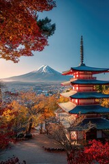 Naklejka premium Panoramic Autumn View of Pagoda and Mountain