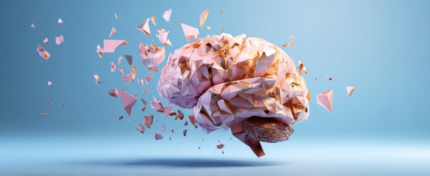 The Brain in Low-Poly Fragments Exploding into Floating Geometric Particles Over Blue Background