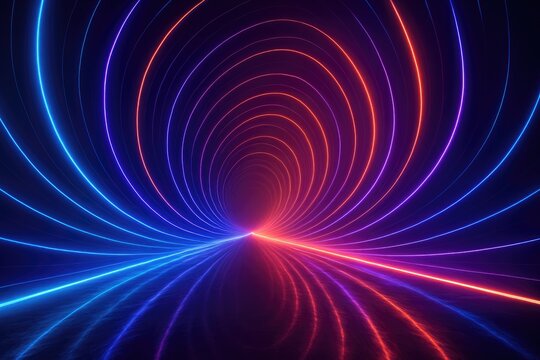 Futuristic Neon Tunnel with Swirling Blue and Red Light Lines abstract background