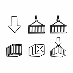 Shipping container icons showing cargo handling, delivery, and transportation isolated on white background