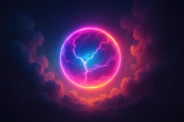 Glowing Neon Orb with Electrical Discharge Surrounded by Dark Clouds and Fiery Horizon