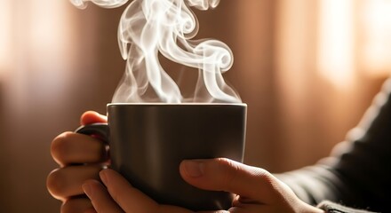 Steaming coffee cup held in hands, capturing warmth and comfort