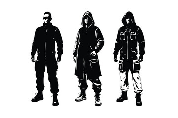 Fototapeta premium Futuristic Techwear Fashion Vector Set - Engraved Cyberpunk Style Illustrations