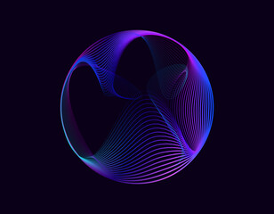 Abstract 3d sphere. Neon gradient curved waves in round shape. Bright spinning circular border. Vector colorful glowing circular tech frame