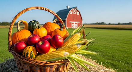 A basket filled with pumpkins apples and corn in front of a red barn on a sunny autumn day