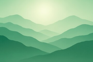 Misty Green Mountain Range Silhouette with Soft Gradient Sky and Sun Keywords: green mountains, misty, silhouette, soft gradient sky, sun, atmospheric, landscape, nature, background, serene