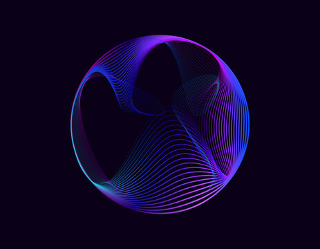 Abstract 3d sphere. Neon gradient curved waves in round shape. Bright spinning circular border. Vector colorful glowing circular tech frame - Powered by Adobe