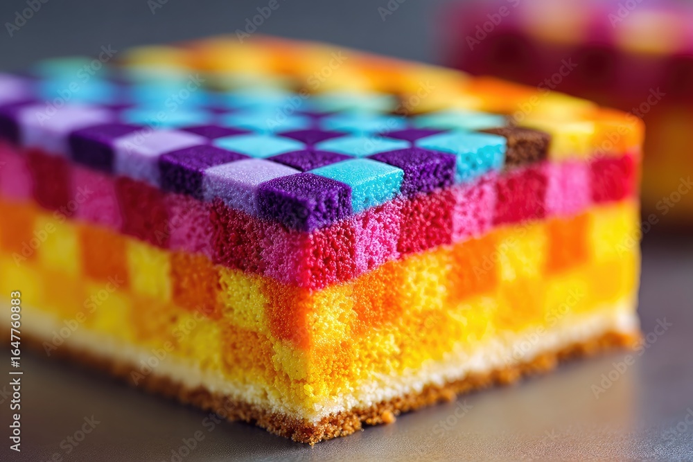Poster close-up of a multi-colored layered cake with a checkered design.