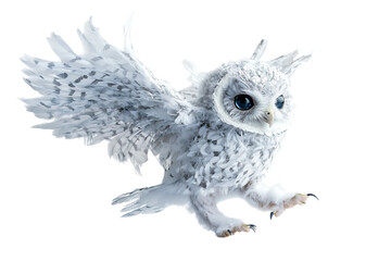 A cute, fluffy white owl with big eyes spreads its wings playfully.