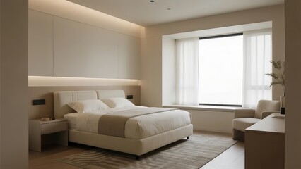 Modern minimalist bedroom with soft lighting and large window