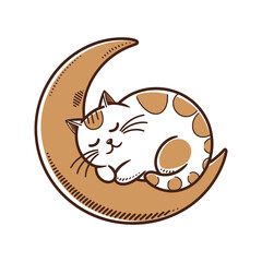 Cute Cat Sleeping on Crescent Moon Cartoon Illustration