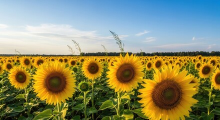 Vast vibrant field of blooming sunflowers under a clear blue sky in the summer countryside.