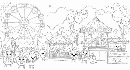 A delightful cartoon amusement park scene with playful characters and attractions, perfect for coloring or children's themes.