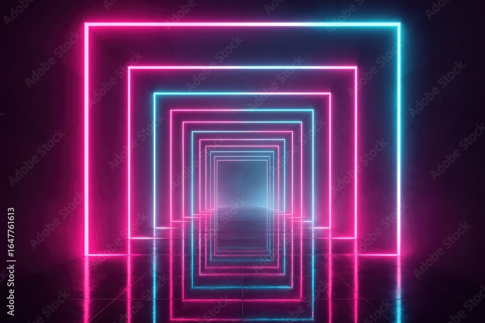 Poster Repeating Neon Square Frames in a Dark Tunnel with Pink and Cyan Glow abstract