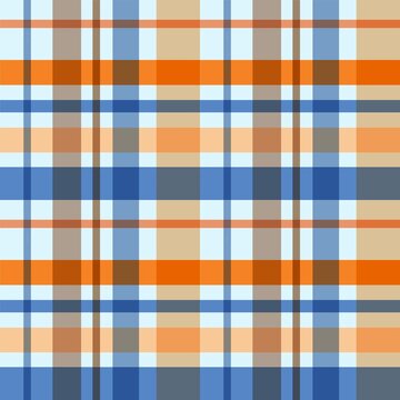 Textured blue orange and white plaid vector background. The pattern for textiles. Background for food. Chequered. Seamless checkered pattern.